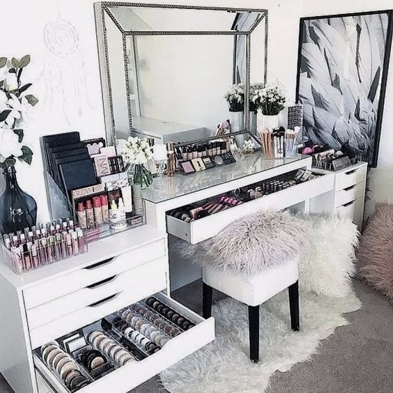 Makeup Vanity White Glass Top Drawer Organizers Faux Fur Stool