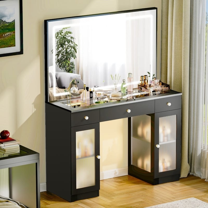 Makeup Vanity with Fluted Glass Doors & LED Light Mirror