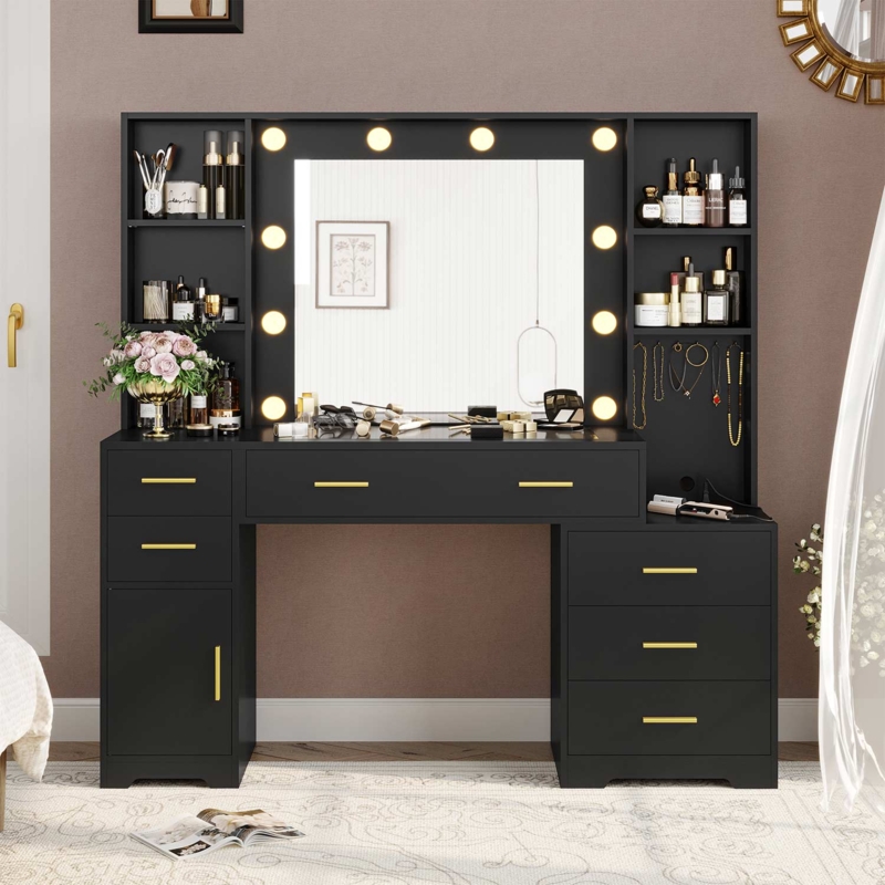Makeup Vanity with Glass Top, Hollywood Mirror & Jewelry Hooks