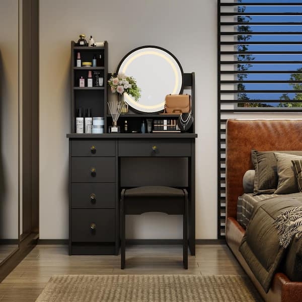 Makeup Vanity with LED Round Mirror & Vertical Storage Shelves