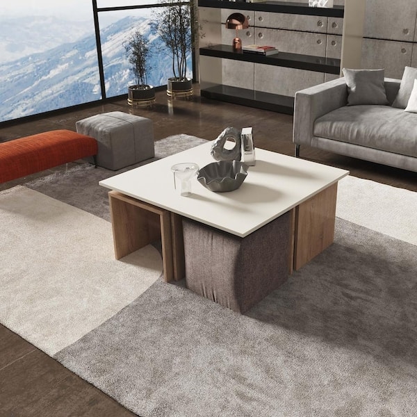 Manhattan Comfort Haley Mid-Century Modern 37.4 in. Natural and Nude Square  Composite Wood Nested Coffee Table and Ottoman Set CT013-NN
