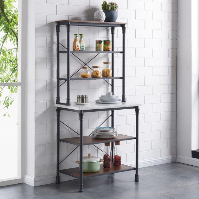 Marble Look Bakers Rack with Industrial Pipe Frame Detail