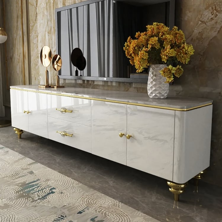 Marble Top Entertainment Center: Glossy White, Ornate Gold Pedestal Legs.