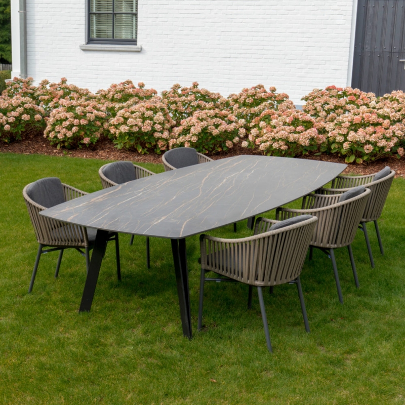 Marbled Ceramic Outdoor Dining Set Vertical Rope Detail Angled Legs