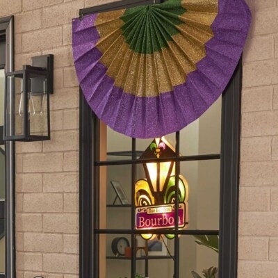 Mardi Gras Window Decor featuring Pleated Fan and Lighted Sign