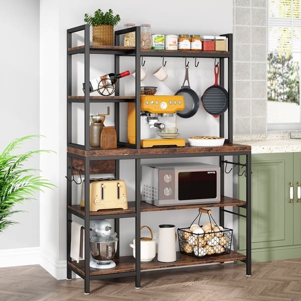 Matte Black 5-Tier Bakers Rack with Integrated Wine Holder