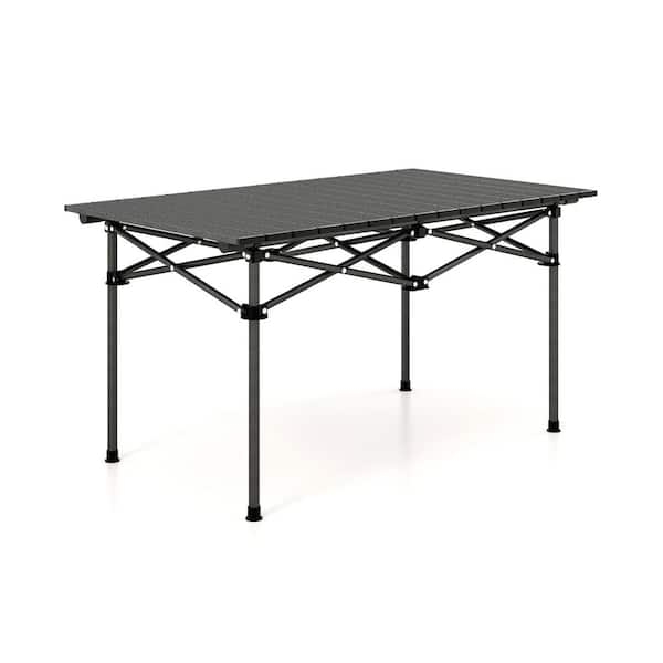 Matte Black Aluminum Camping Table with Slatted Roll-Top Surface
