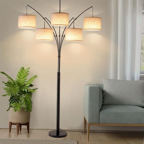 Matte Black Arc Floor Lamp with Five Beige Linen Drum Shades
