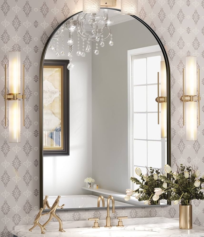Matte Black Arched Wall Mirror with Thin Frame for Bathroom Vanity
