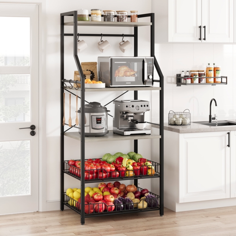 Matte Black Bakers Rack featuring Dual Wire Baskets and Mug Rail