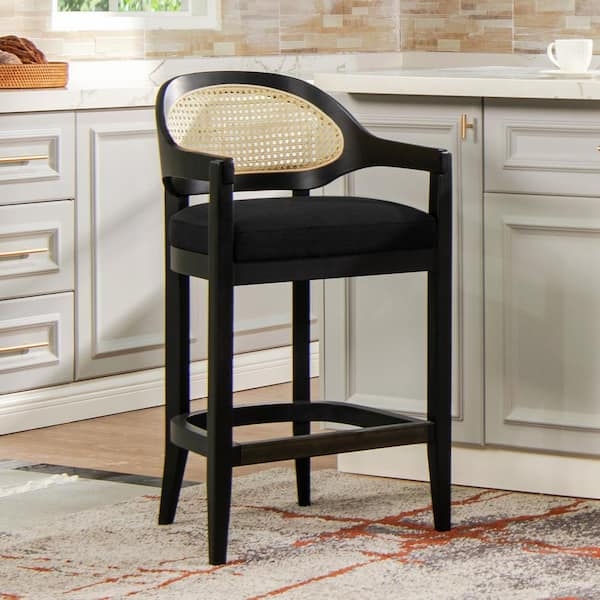Matte Black Bar Stool with Woven Cane Inlay & Curved Backrest