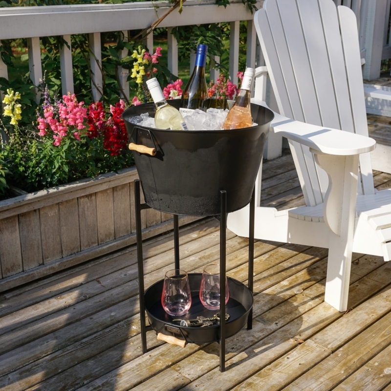 Matte Black Beverage Stand Wood Handles Slender Legs Tray