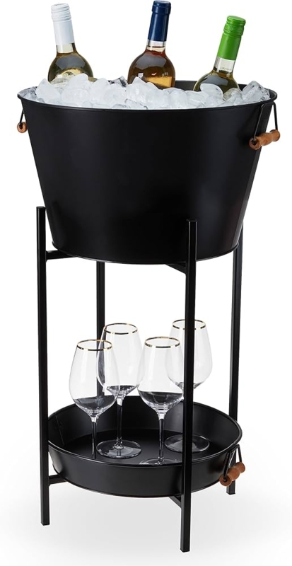 Matte Black Beverage Tub Collapsible Stand Acacia Handles