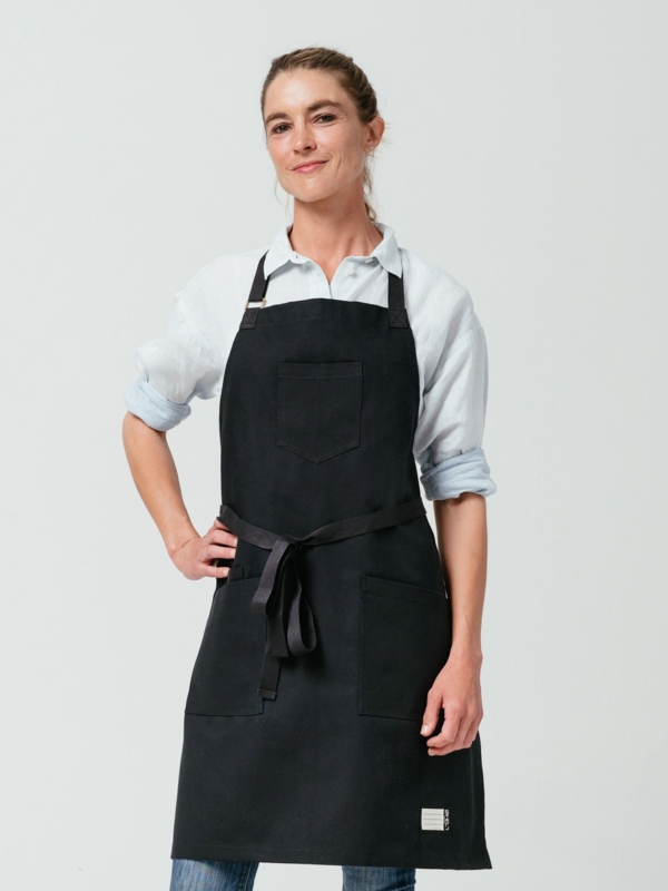 Matte Black Bib Apron, Triple Pocket Layout, Front Tie Waist, Utility