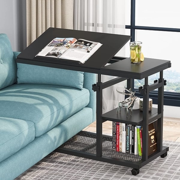 Matte Black C-Table with Tilting Split Top and Wire Mesh Storage Shelf