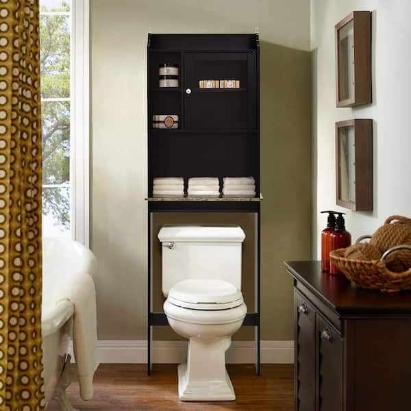Matte Black Cabinet with Glass: Over-Toilet Storage with Open Cubbies