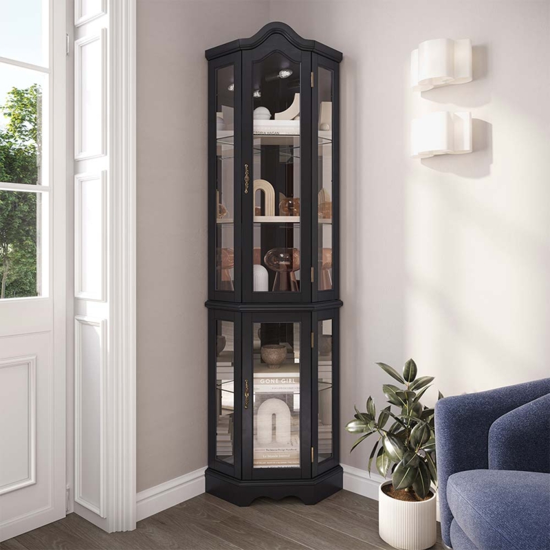 Matte Black Corner Curio Cabinet with Arched Top and Canted Front Design