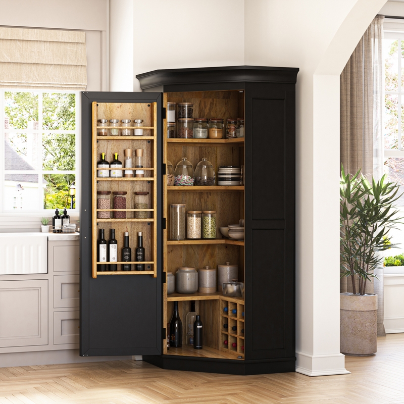 Matte Black Corner Pantry Cabinet with Wine Cubbies