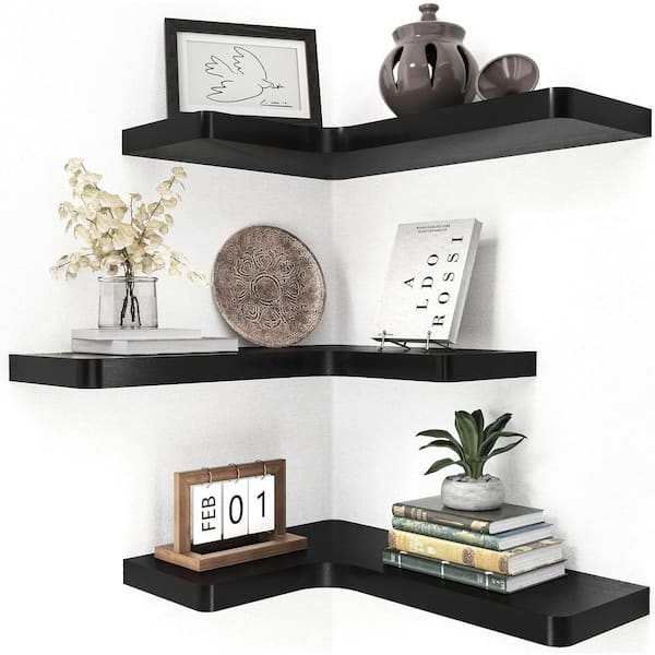 Matte Black Corner Shelves: Rounded L-Shaped Set of 3