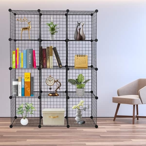 Matte Black Cube Organizer: 12-Cube Modular Wire Mesh Grid