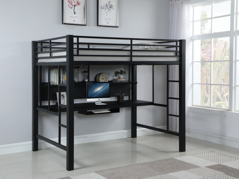 Matte Black Full Loft Bed with Built-In Desk and Keyboard Tray