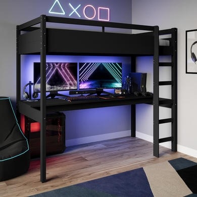 Matte Black Gaming Loft Bed with Full-Width Desk and RGB Backlighting