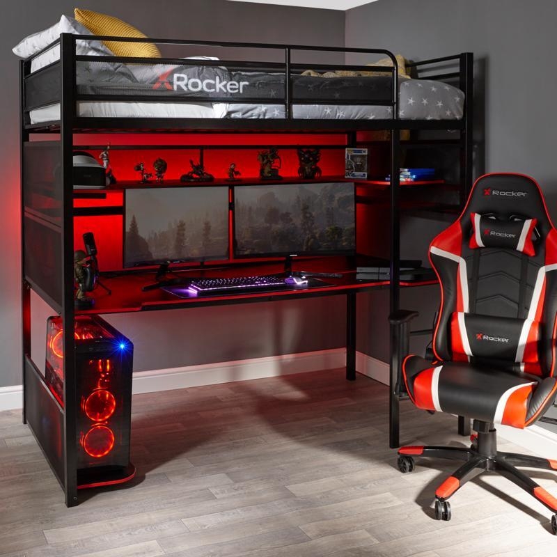 Matte Black Gaming Loft Bed with Integrated Desk and RGB Lighting