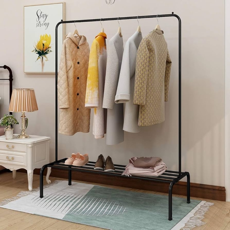 Matte Black Garment Rack with Rounded Frame & Slatted Base