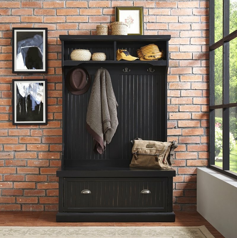 Matte Black Hall Tree Bench with Beadboard Backing and Cup Pulls