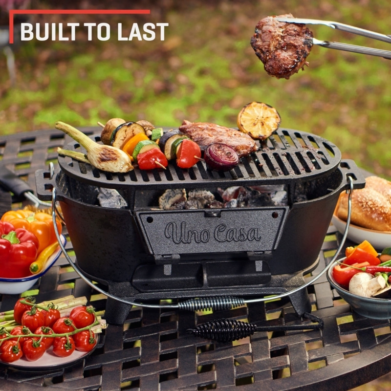 Matte Black Hibachi Grill, Wire Handle Spring Grip, Cast Iron