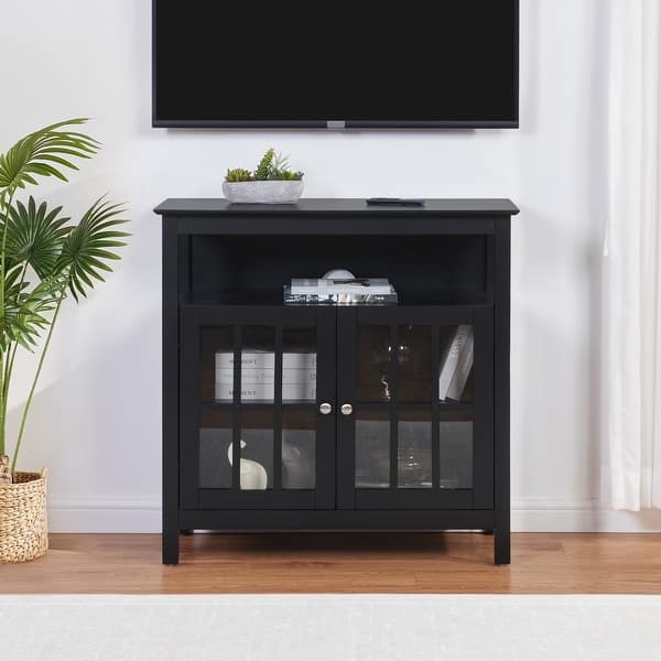Matte Black Highboy TV Stand Windowpane Glass Doors