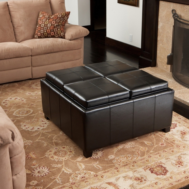 Matte Black Leather-like Storage Ottoman with Four Tray Tops