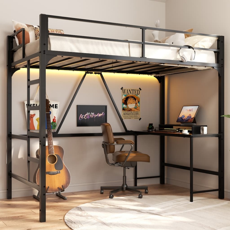 Matte Black Metal Loft Bed with Integrated Desk and LED Lighting