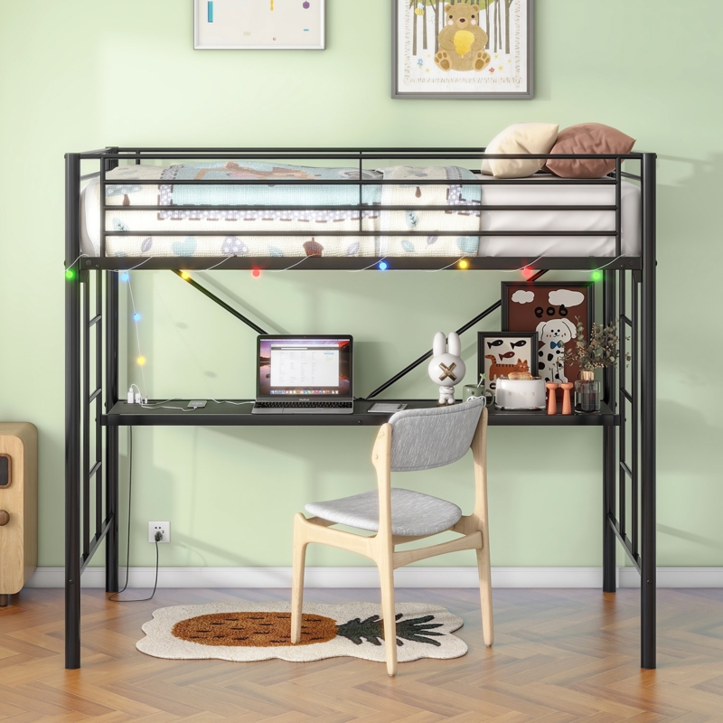 Matte Black Metal Loft Bed with Integrated Desk and X-Brace Support