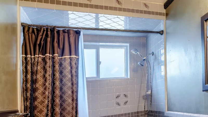 Matte Black Shower Curtain Rod Tension Mount Geometric Pattern