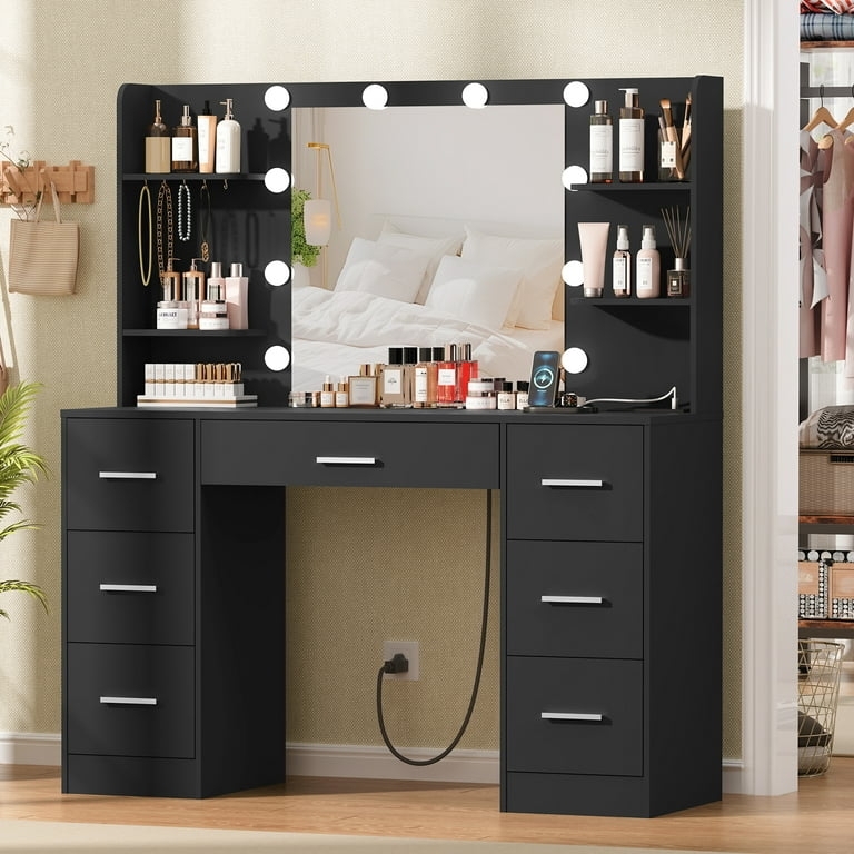 Matte Finish Vanity Desk, Hollywood Lights, Charging & 7 Drawers