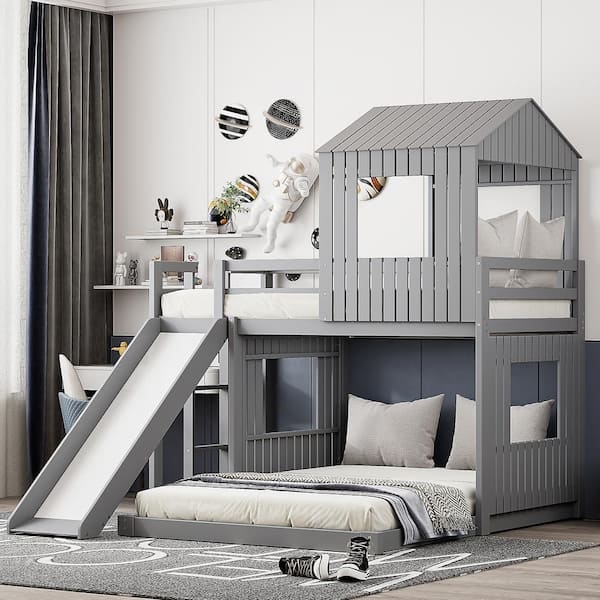 Matte Gray Playhouse Bunk Bed Twin Over Full with Built-In Slide