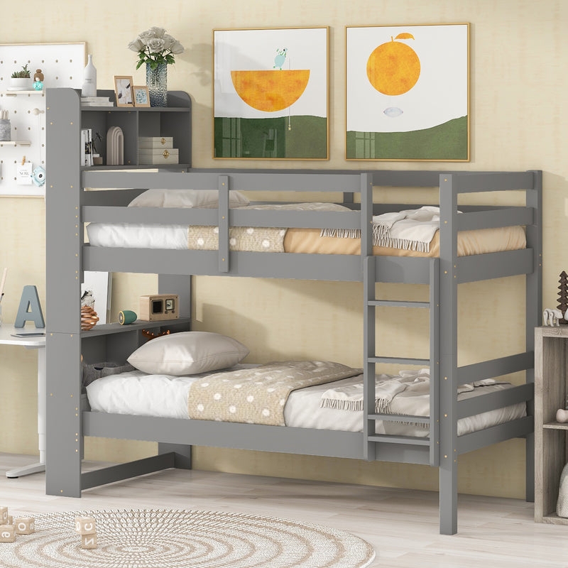 Matte Grey Bunk Bed Convertible Frame with Bookcase Headboard