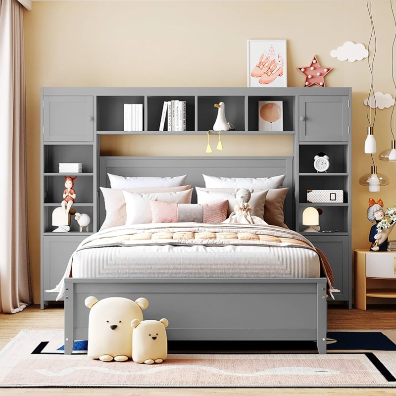 Matte Grey Storage Bed with Wrap Around Bookcase Cabinetry