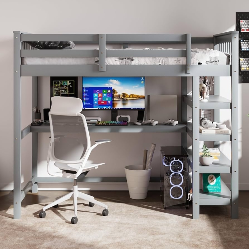 Matte Grey Twin Loft Bed with Integrated Desk and Side Shelving