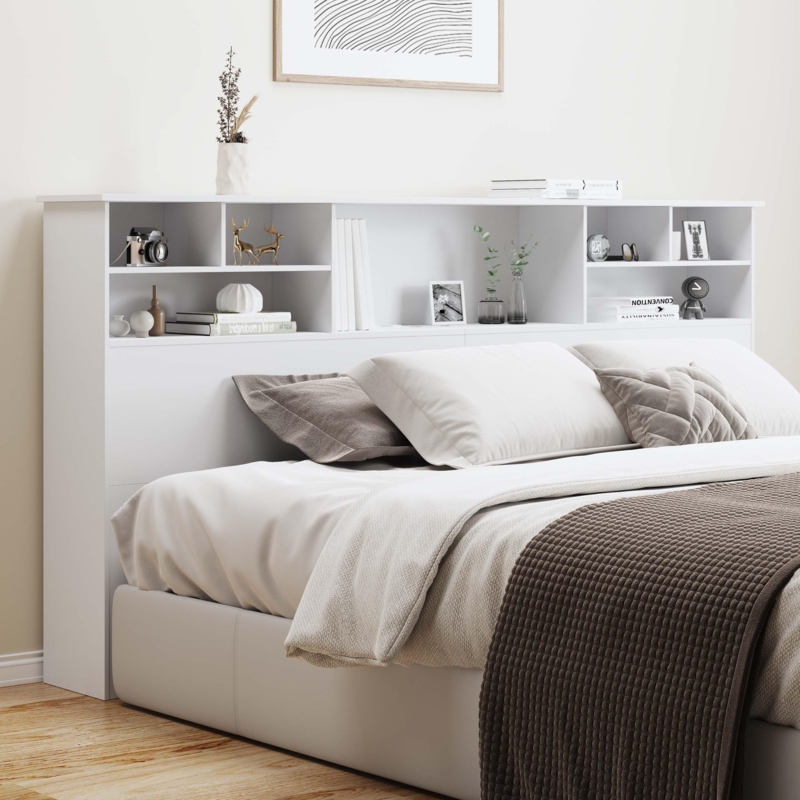 Matte White Bookshelf Headboard with Multi-Compartment Design