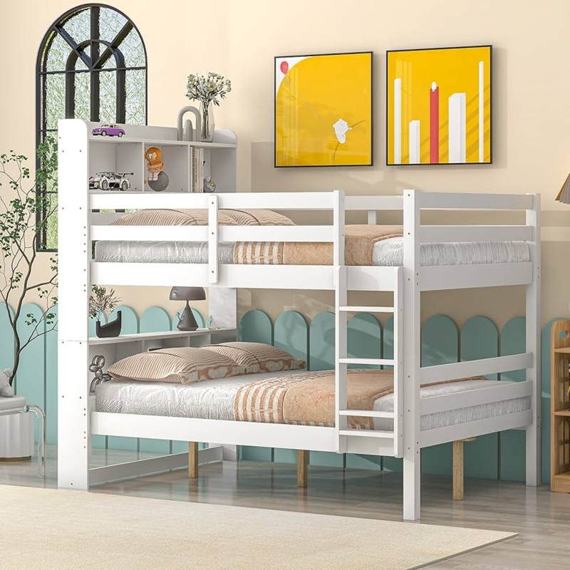 Matte White Bunk Bed Full Over Full with Bookcase Headboard