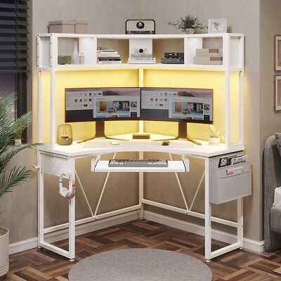 Matte White Corner Desk with Hutch, LED Lights and Side Storage Pouch
