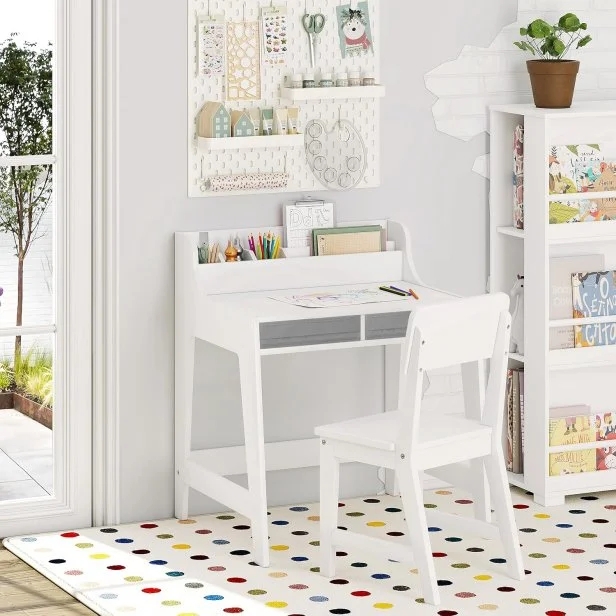 Matte White Kids Desk Set Grey Under Desk Bins Storage