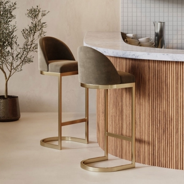 Matteo Bar Stool with Backrest, Taupe Sustainable Velvet Leg Colour: Brass  by Cult Furniture |