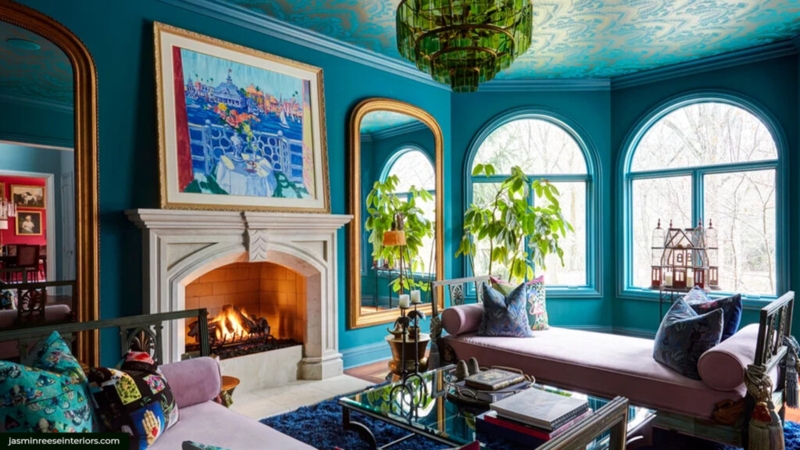 Maximalist Living Room Set Teal Paisley Ceiling Gold Arched Mirrors