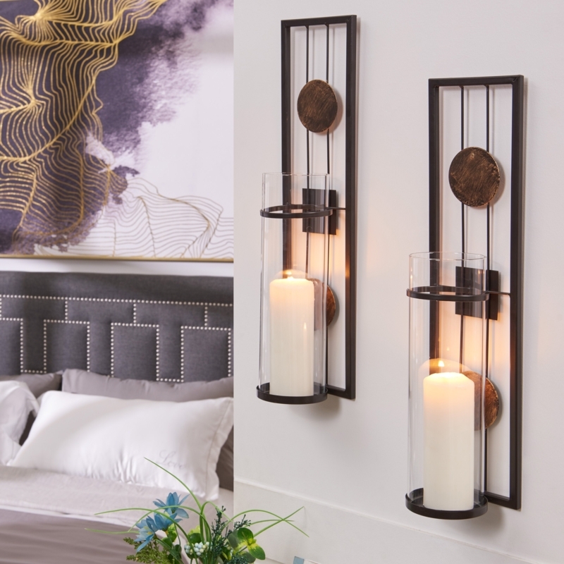 Medallion Wall Sconce Set Geometric Metal with Glass Hurricane