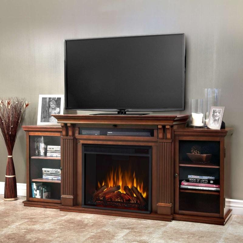 Media Cabinet Fireplace Espresso Brown Fluted Pilasters