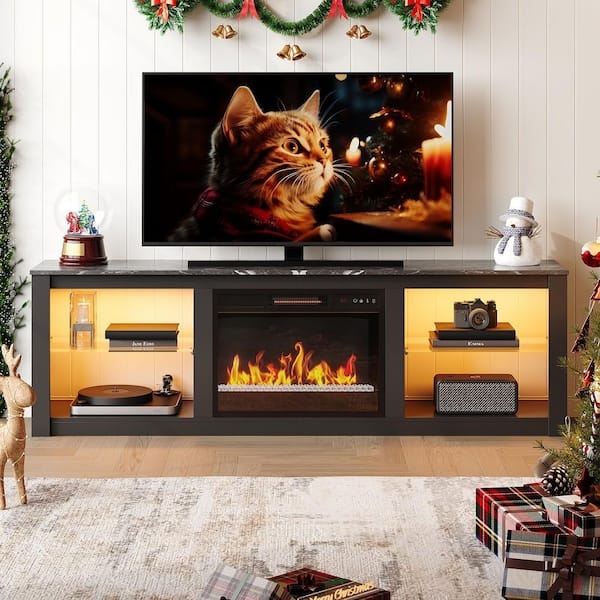 Media Center Matte Black Marble Look Top LED Backlighting