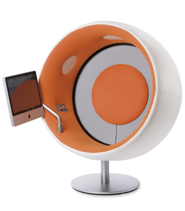 Media Chair: Futuristic Spherical Shell with Integrated Monitor Arm
